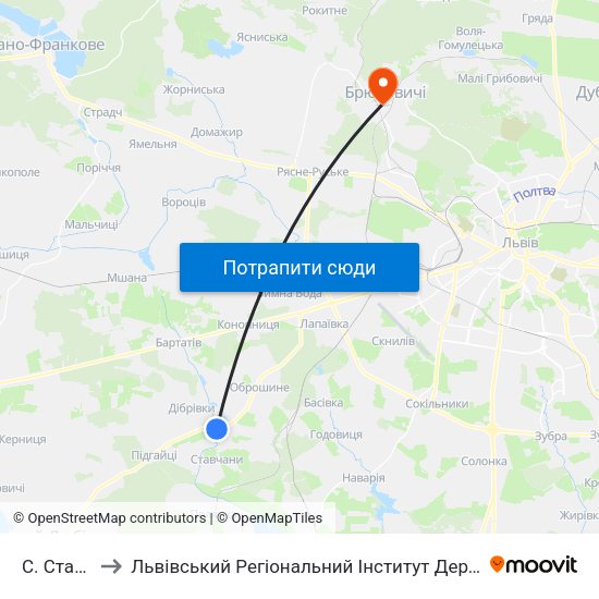 С. Ставчани to Львівський Регіональний Інститут Державного Управління map