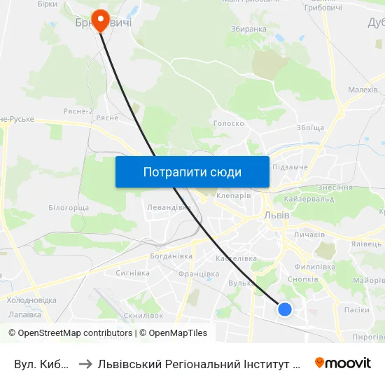 Вул. Кибальчича to Львівський Регіональний Інститут Державного Управління map