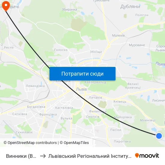 Винники (Вул. Забава) to Львівський Регіональний Інститут Державного Управління map