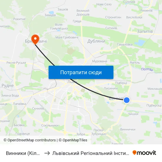 Винники (Кільцева Дорога) to Львівський Регіональний Інститут Державного Управління map
