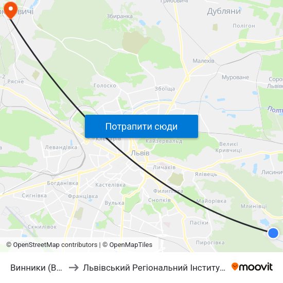 Винники (Вул. Забава) to Львівський Регіональний Інститут Державного Управління map