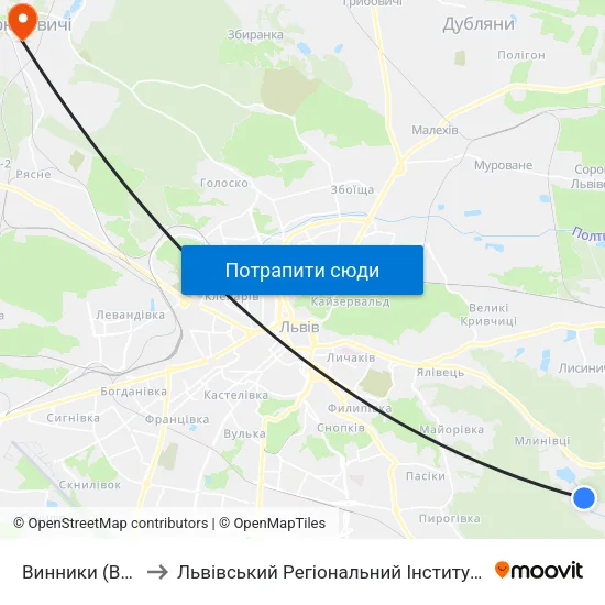 Винники (Вул. Забава) to Львівський Регіональний Інститут Державного Управління map