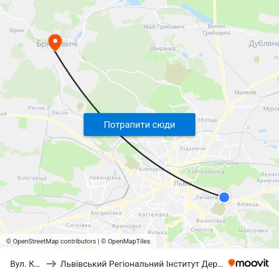 Вул. Котика to Львівський Регіональний Інститут Державного Управління map