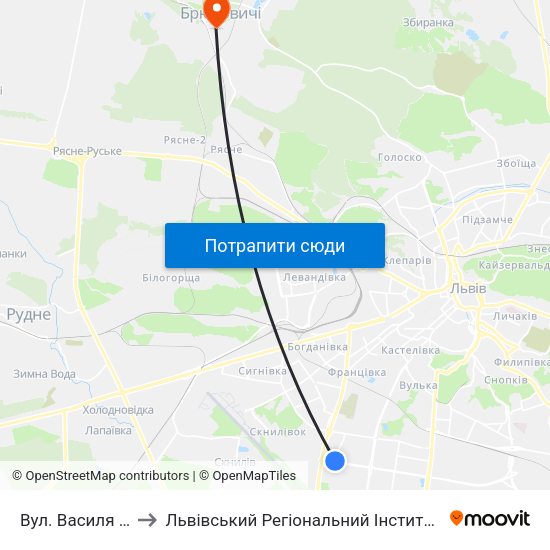 Вул. Василя Симоненка to Львівський Регіональний Інститут Державного Управління map
