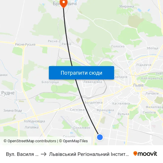 Вул. Василя Симоненка to Львівський Регіональний Інститут Державного Управління map