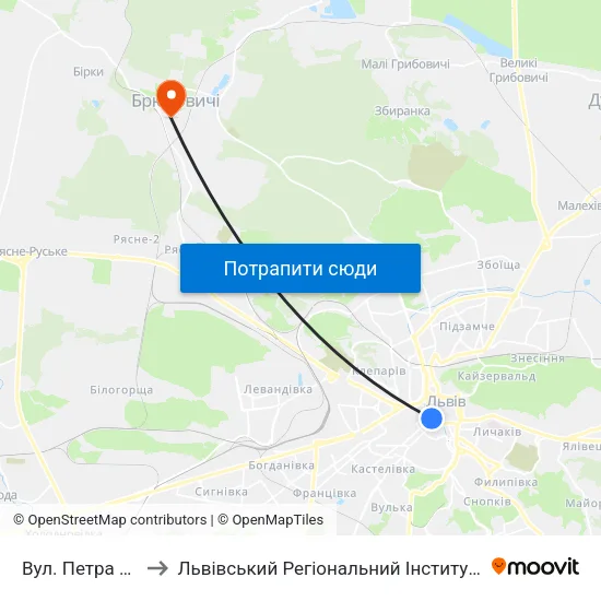 Вул. Петра Дорошенка to Львівський Регіональний Інститут Державного Управління map