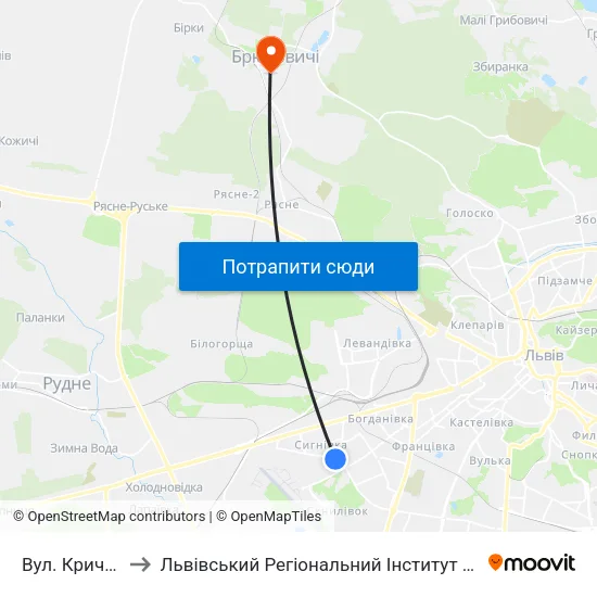 Вул. Кричевського to Львівський Регіональний Інститут Державного Управління map