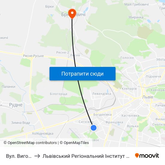 Вул. Виговського to Львівський Регіональний Інститут Державного Управління map