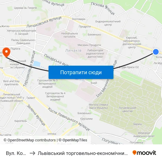 Вул. Котика to Львівський торговельно-економічний університет map