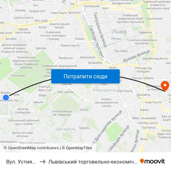 Вул. Устияновича to Львівський торговельно-економічний університет map