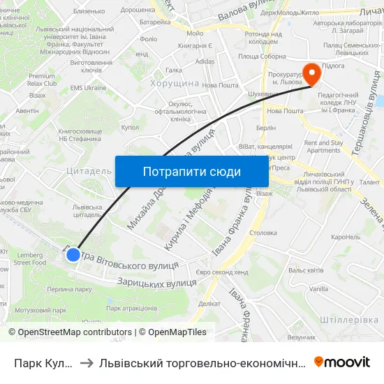 Парк Культури to Львівський торговельно-економічний університет map