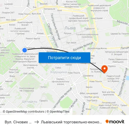 Вул. Січових Стрільців to Львівський торговельно-економічний університет map