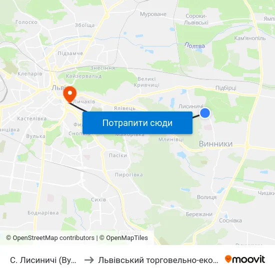 С. Лисиничі (Вул. Полуботка) to Львівський торговельно-економічний університет map