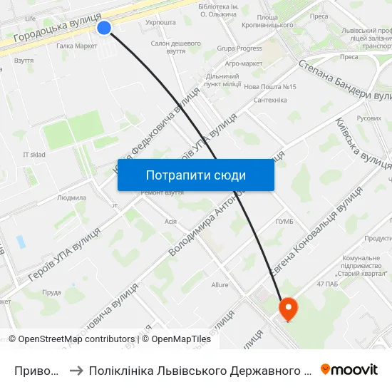 Привокзальний Ринок to Поліклініка Львівського Державного Онкологічного Регіонального Лікувально-діагностичного Центру map