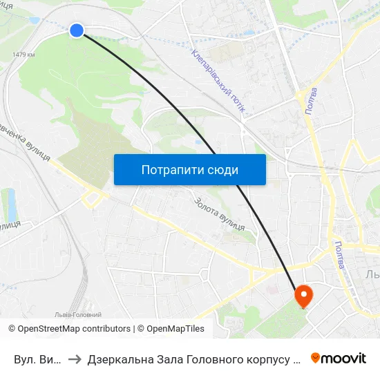Вул. Винниця to Дзеркальна Зала Головного корпусу ЛНУ ім. Івана Франка map