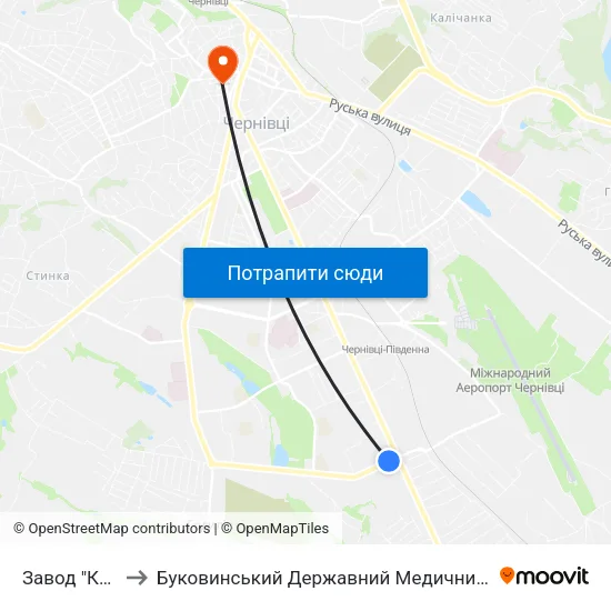 Завод "Кварц" to Буковинський Державний Медичний Університет map