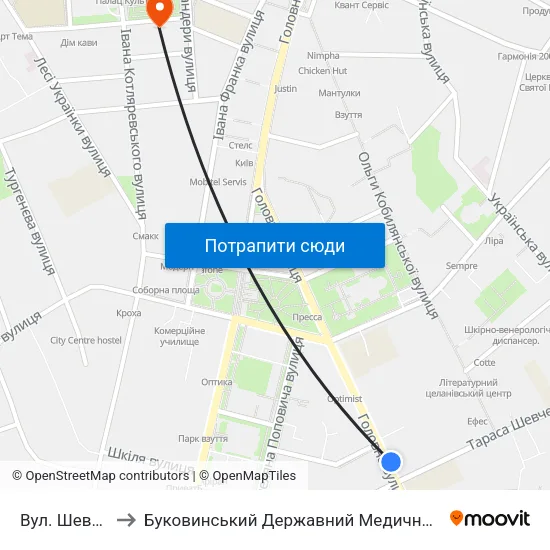 Вул. Шевченка to Буковинський Державний Медичний Університет map