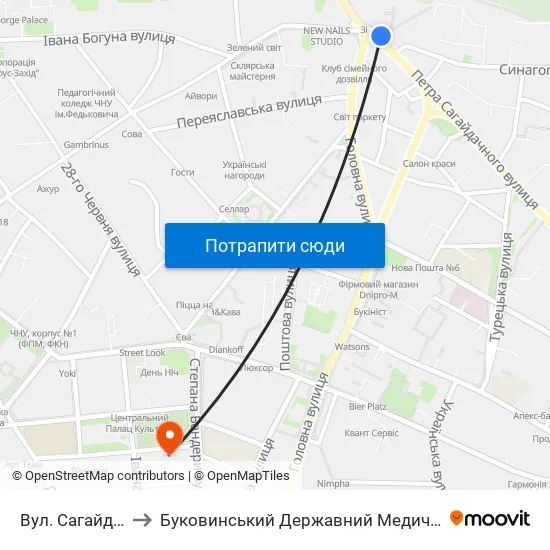 Вул. Сагайдачного to Буковинський Державний Медичний Університет map