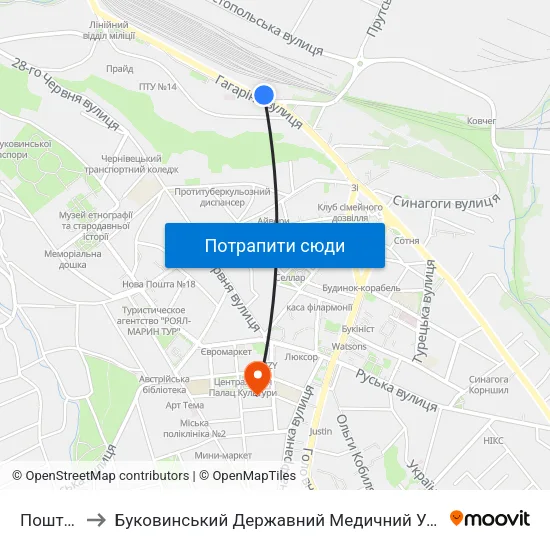 Поштова to Буковинський Державний Медичний Університет map