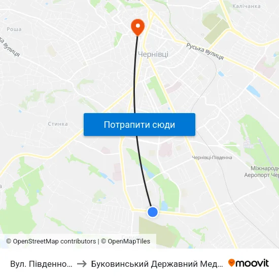 Вул. Південно-Кільцева to Буковинський Державний Медичний Університет map