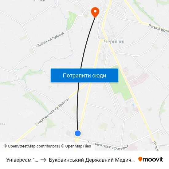 Універсам "Колос" to Буковинський Державний Медичний Університет map