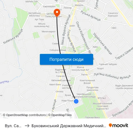 Вул. Садова to Буковинський Державний Медичний Університет map