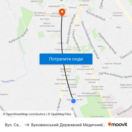 Вул. Садова to Буковинський Державний Медичний Університет map