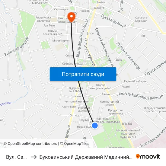 Вул. Садова to Буковинський Державний Медичний Університет map