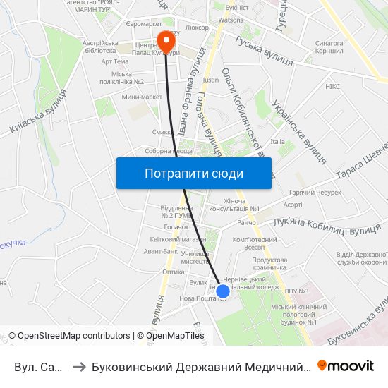 Вул. Садова to Буковинський Державний Медичний Університет map