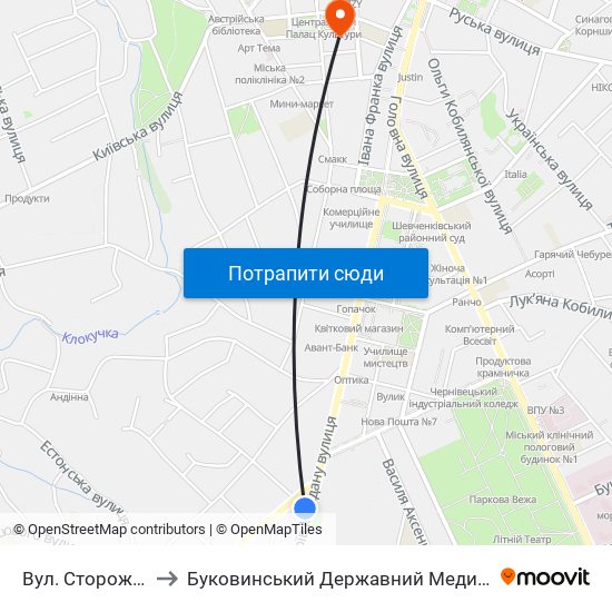 Вул. Сторожинецька to Буковинський Державний Медичний Університет map