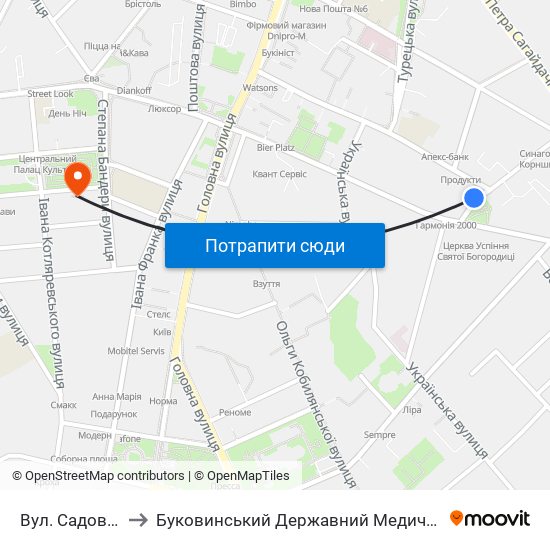 Вул. Садовського to Буковинський Державний Медичний Університет map