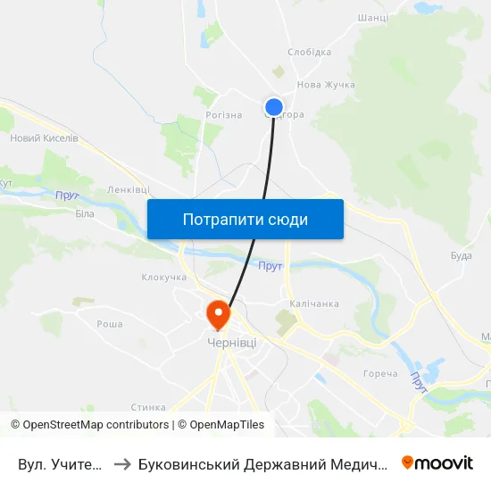 Вул. Учительська to Буковинський Державний Медичний Університет map