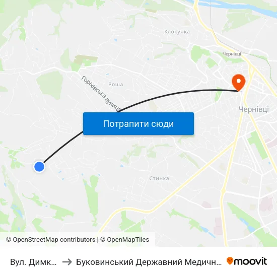 Вул. Димківська to Буковинський Державний Медичний Університет map