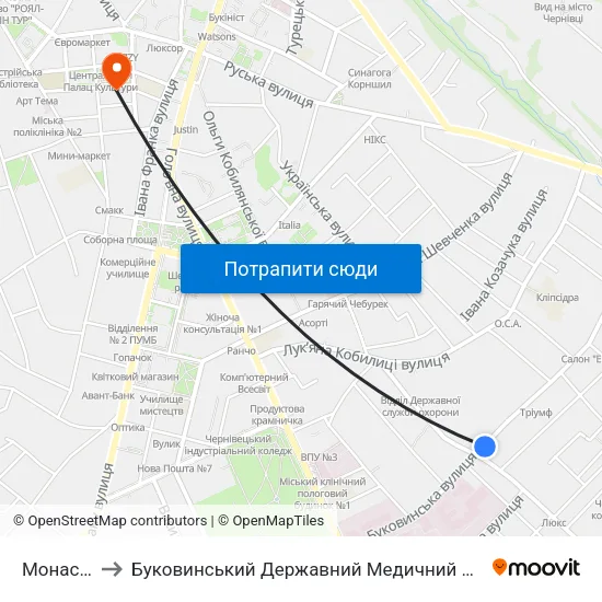 Монастир to Буковинський Державний Медичний Університет map