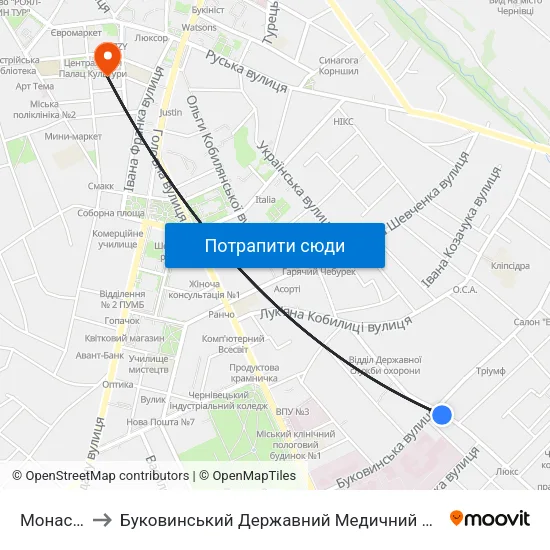 Монастир to Буковинський Державний Медичний Університет map