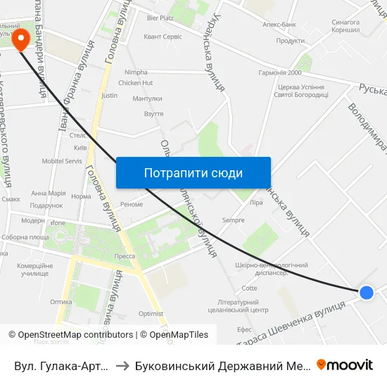 Вул. Гулака-Артемовського to Буковинський Державний Медичний Університет map