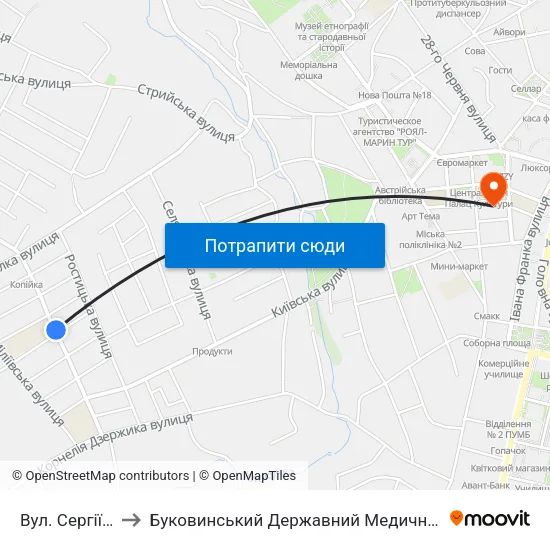 Вул. Сергіївська to Буковинський Державний Медичний Університет map
