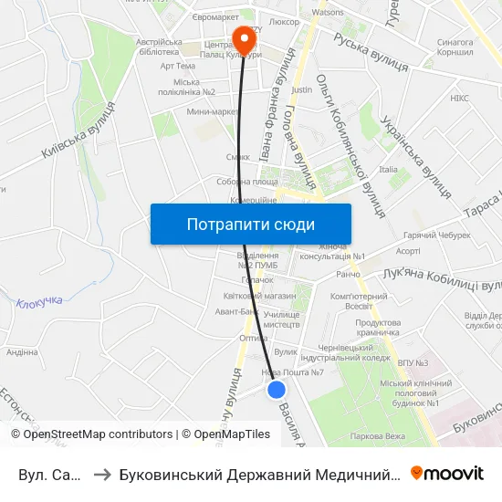 Вул. Садова to Буковинський Державний Медичний Університет map