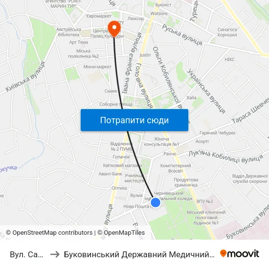 Вул. Садова to Буковинський Державний Медичний Університет map