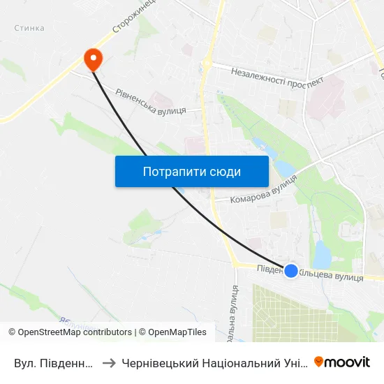 Вул. Південно-Кільцева to Чернівецький Національний Університет, Корпус №9 map