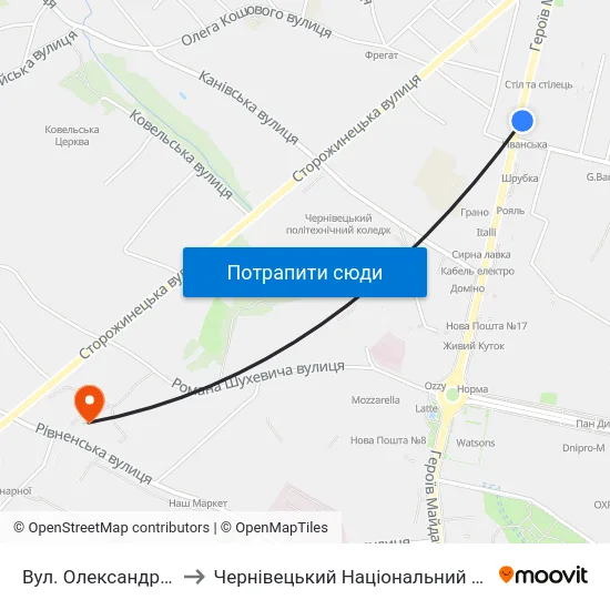 Вул. Олександра Щербанюка to Чернівецький Національний Університет, Корпус №9 map