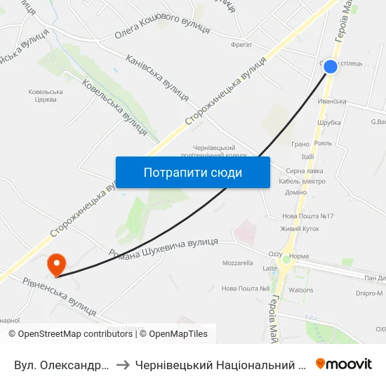 Вул. Олександра Щербанюка to Чернівецький Національний Університет, Корпус №9 map