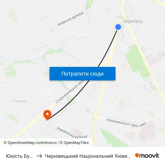 Юність Буковини to Чернівецький Національний Університет, Корпус №9 map