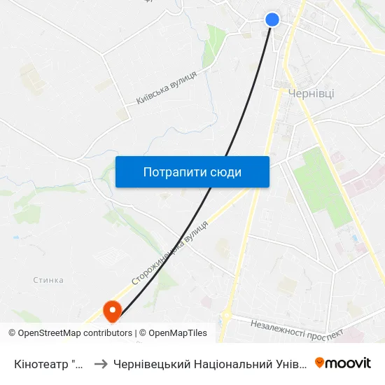 Кінотеатр "Чернівці" to Чернівецький Національний Університет, Корпус №9 map