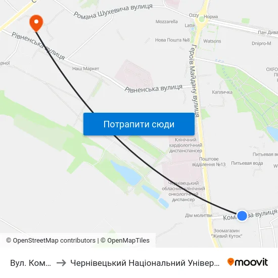 Вул. Комарова to Чернівецький Національний Університет, Корпус №9 map