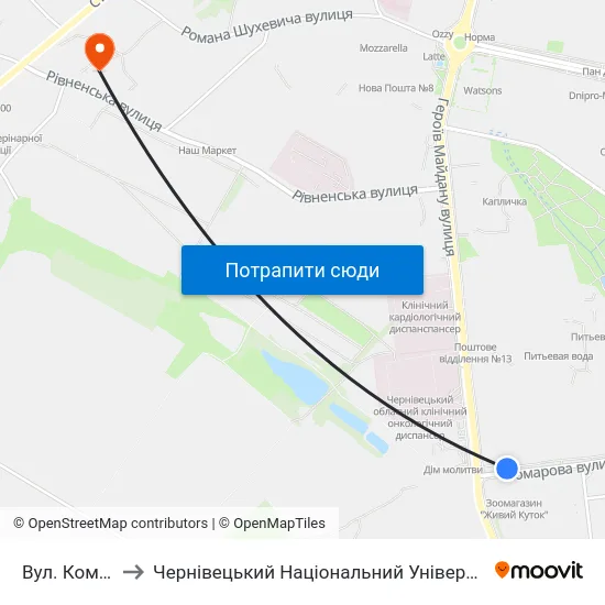 Вул. Комарова to Чернівецький Національний Університет, Корпус №9 map