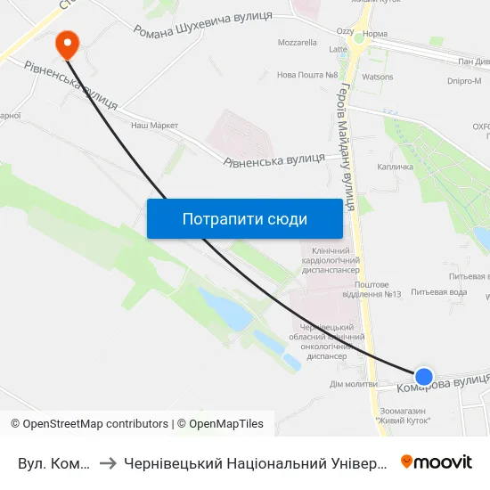 Вул. Комарова to Чернівецький Національний Університет, Корпус №9 map