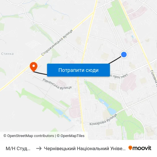 М/Н Студмістечко to Чернівецький Національний Університет, Корпус №9 map