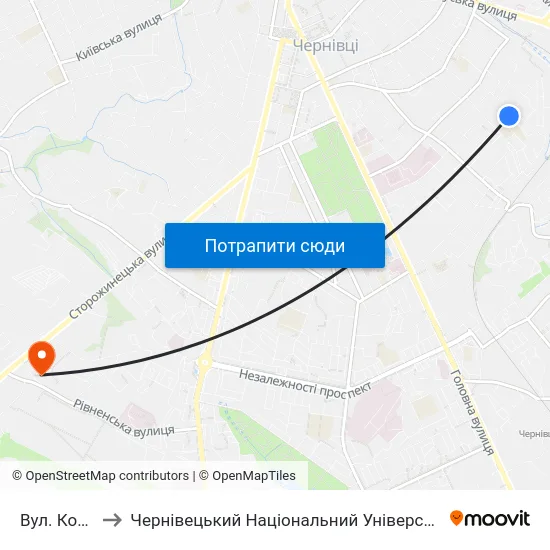 Вул. Кочубея to Чернівецький Національний Університет, Корпус №9 map
