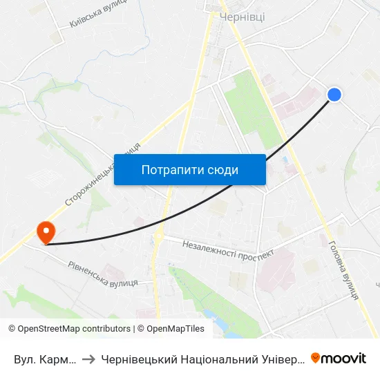 Вул. Кармелюка to Чернівецький Національний Університет, Корпус №9 map